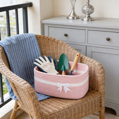 Large Woven Pet Toy Storage Basket | Pink | Cotton Rope with Handles