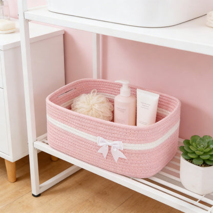 Large Woven Pet Toy Storage Basket | Pink | Cotton Rope with Handles