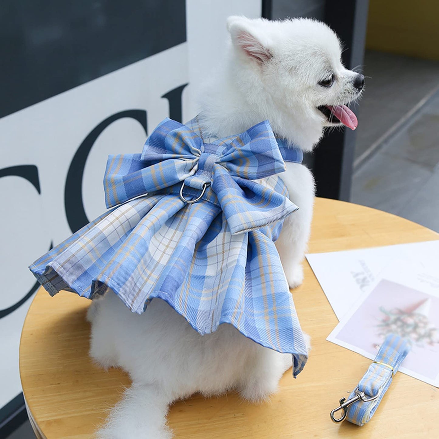 Dog Cat Bow Tie Plaid Harness and Leash Set