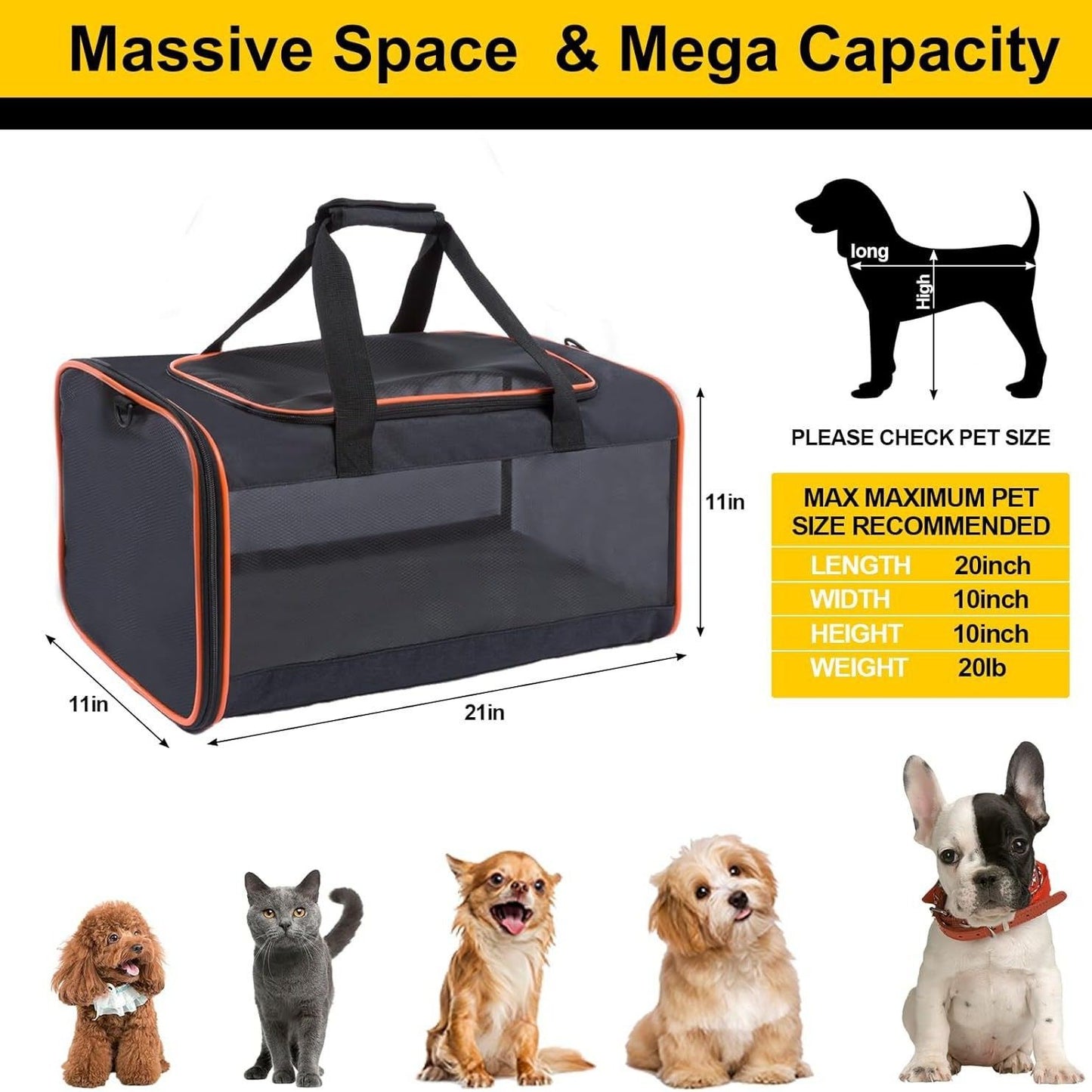Soft Pet Carrier Travel Bag | Large Cats 20lbs+ and Small Dogs
