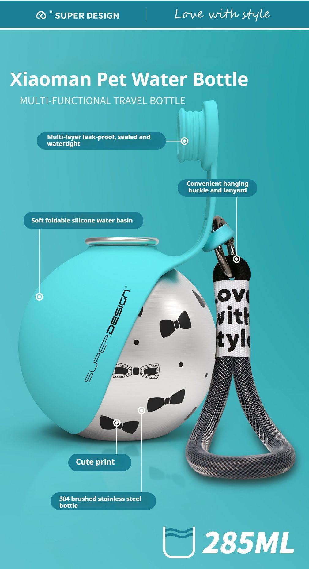 Portable Pet Water Bottle with Dispenser Bowl | Blue Floral