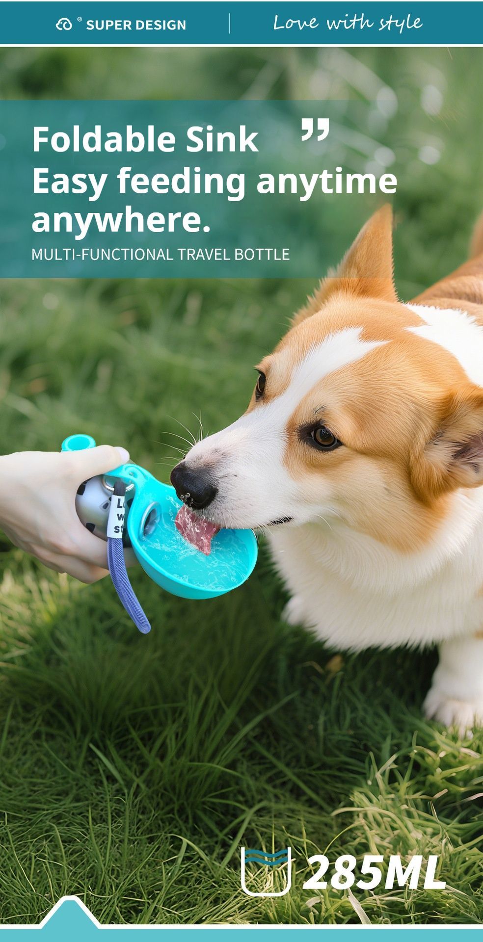 Portable Pet Water Bottle with Dispenser Bowl | Blue Floral