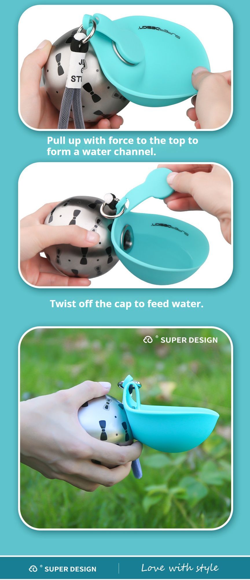 Portable Pet Water Bottle with Dispenser Bowl | Blue Floral