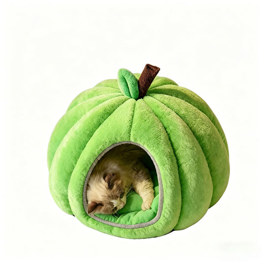 Pumpkin Cat Bed | Plush Enclosed Nest | Green | Small