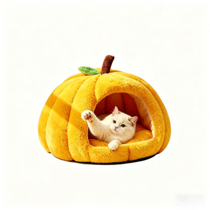 Pumpkin Cat Bed | Plush Enclosed Nest | Yellow | Large
