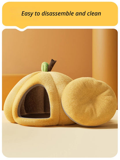 Pumpkin Cat Bed | Plush Enclosed Nest | Yellow | Large