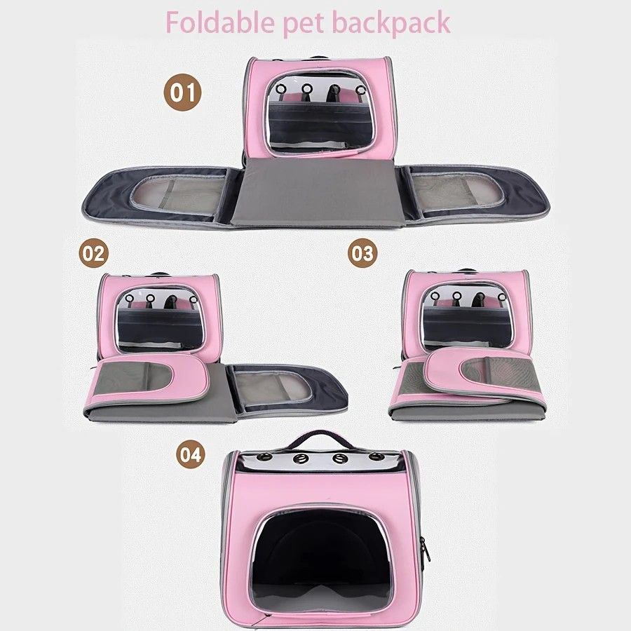 Pet Backpack Portable Transparent Foldable Comfort Design Hands-Free | PINK