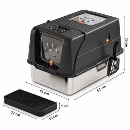 Black Large Stainless Steel Cat Litter Box | Foldable Covered