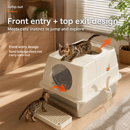 Large Stainless Steel Cat Litter Box | Foldable Covered | Round Top