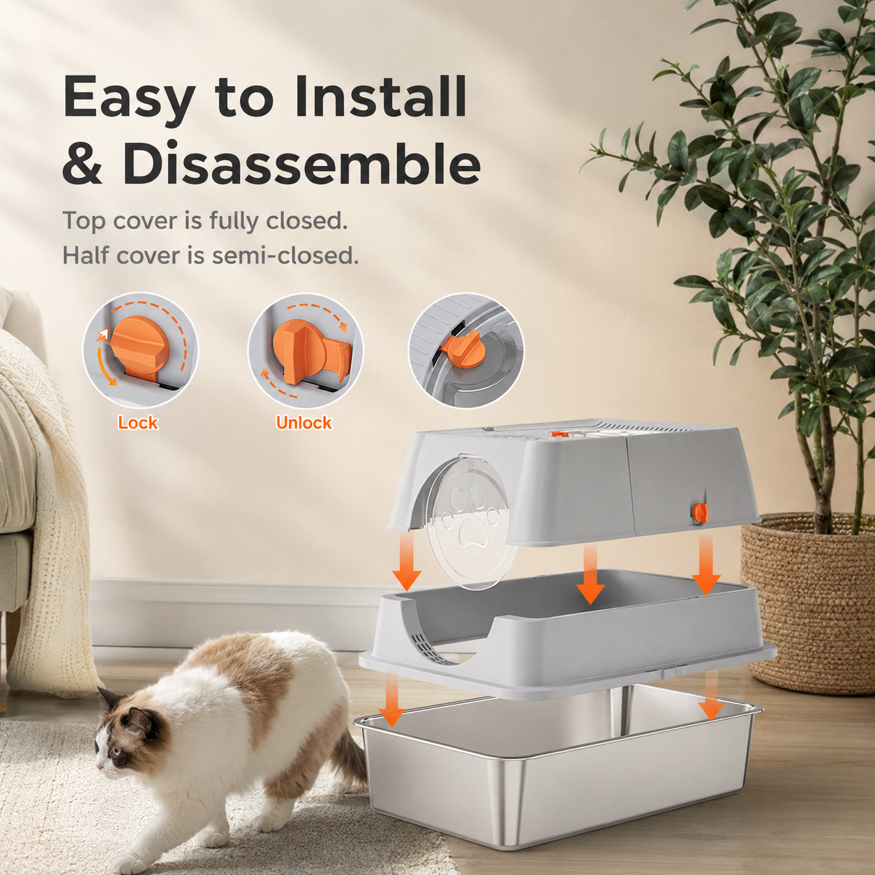 Cream White Large Stainless Steel Cat Litter Box | Round Top