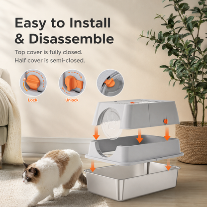 Cream White Large Stainless Steel Cat Litter Box | Round Top
