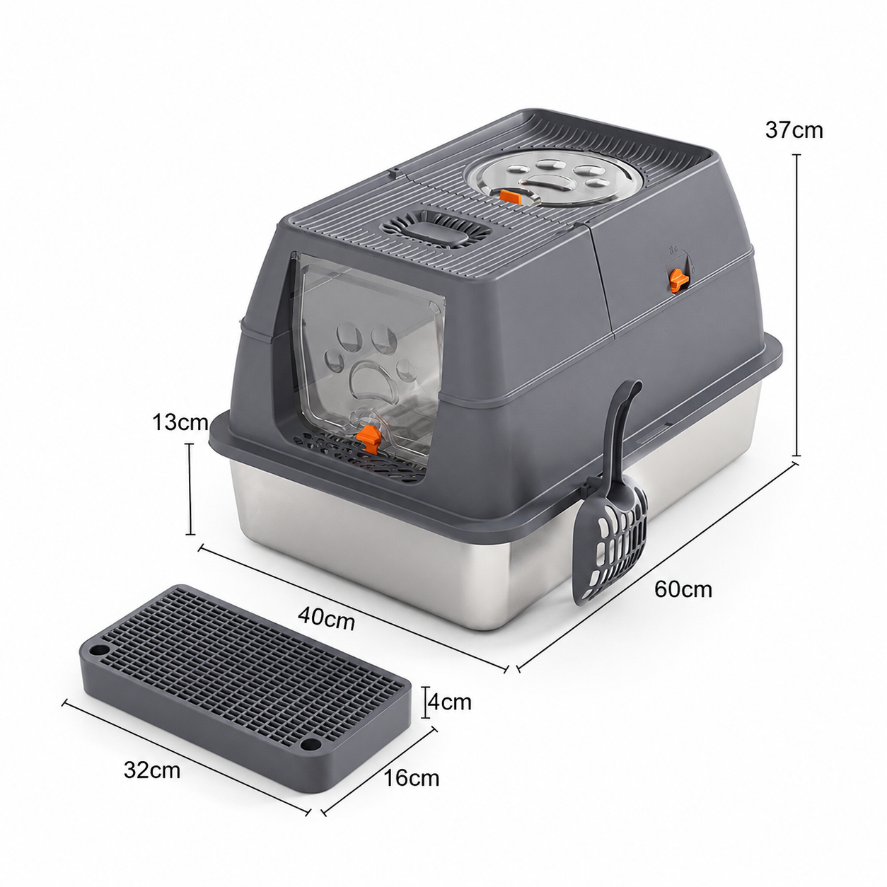 Dark Grey Large Stainless Steel Cat Litter Box | Foldable Covered