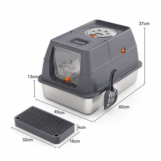 Dark Grey Large Stainless Steel Cat Litter Box | Foldable Covered