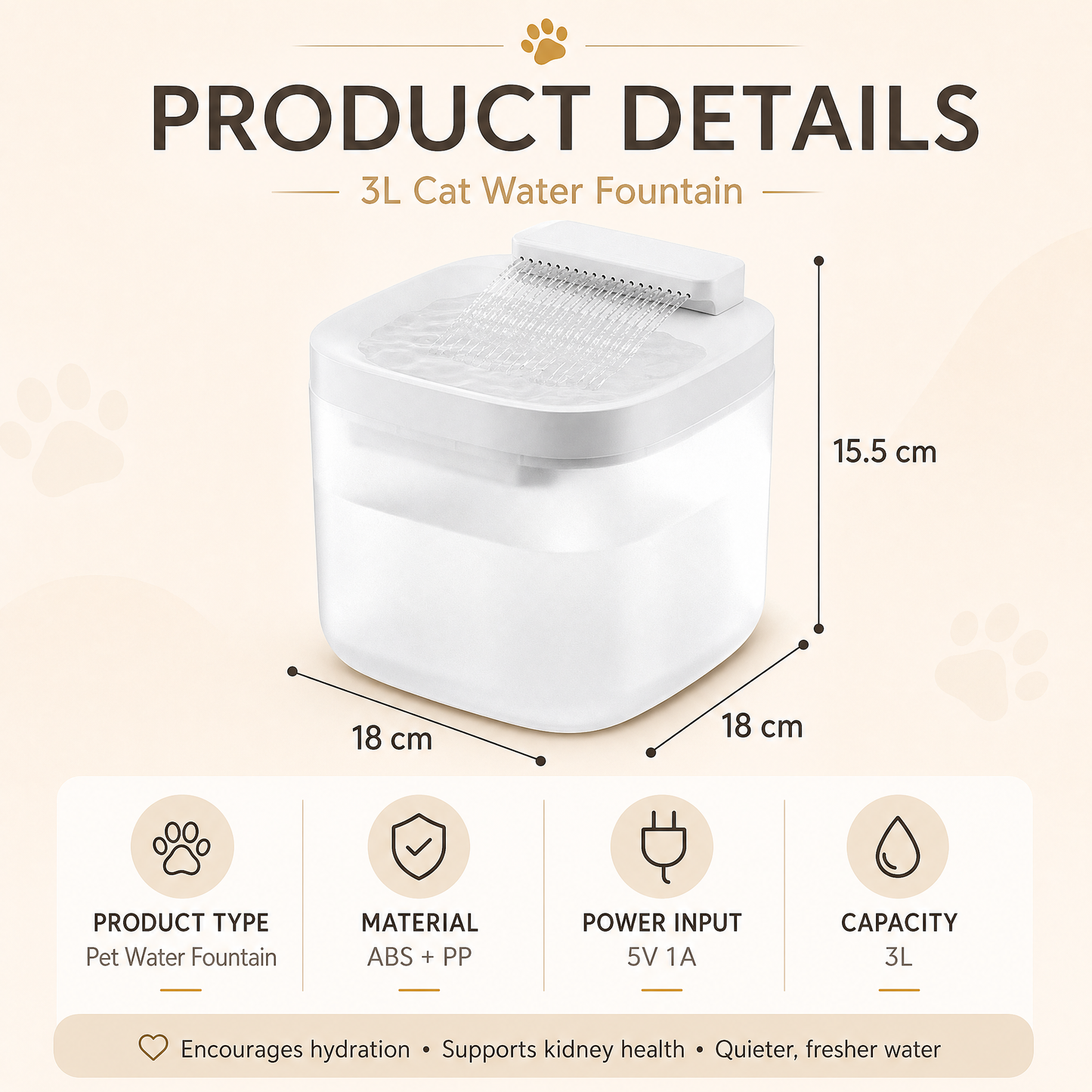 White Cat Water Fountain 3L | Wired Waterfall-Style