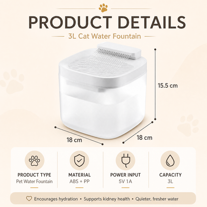 White Cat Water Fountain 3L | Wired Waterfall-Style