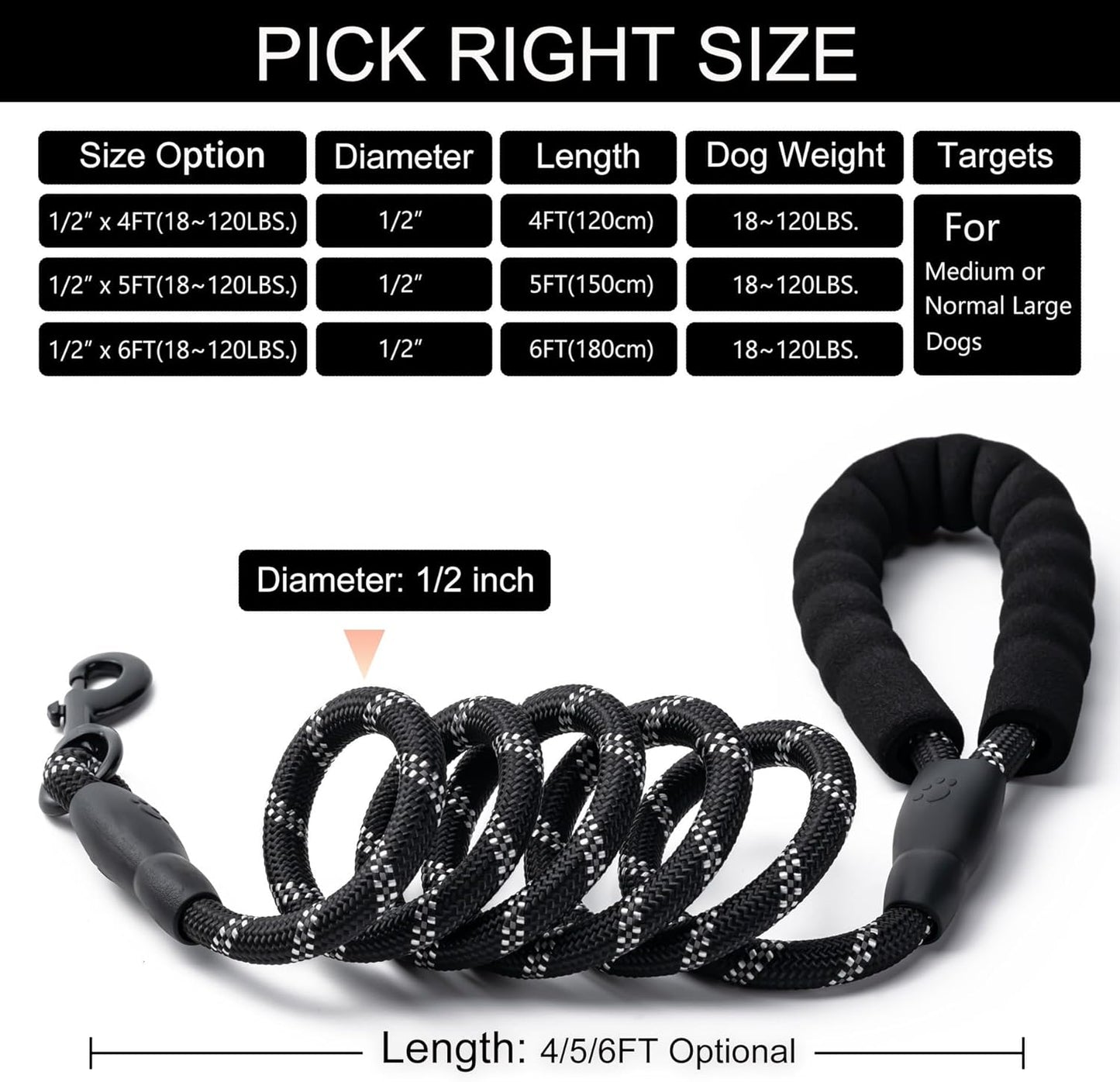 Heavy Duty Nylon Dog Leash | 2 Pack | 4/5/6 FT | Reflective