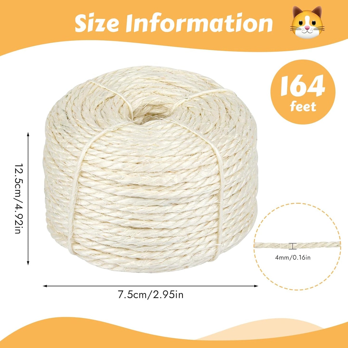 Natural Sisal Rope for Cat Scratching Post | 164 Feet | DIY Cat Tree