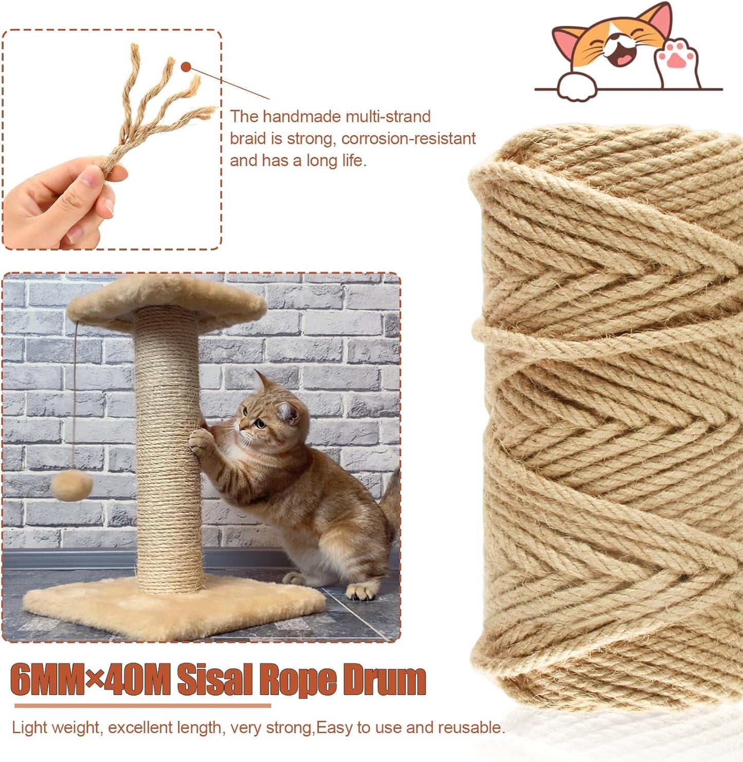 50M Natural Sisal Rope for Cat Scratching Post | 6mm Hemp