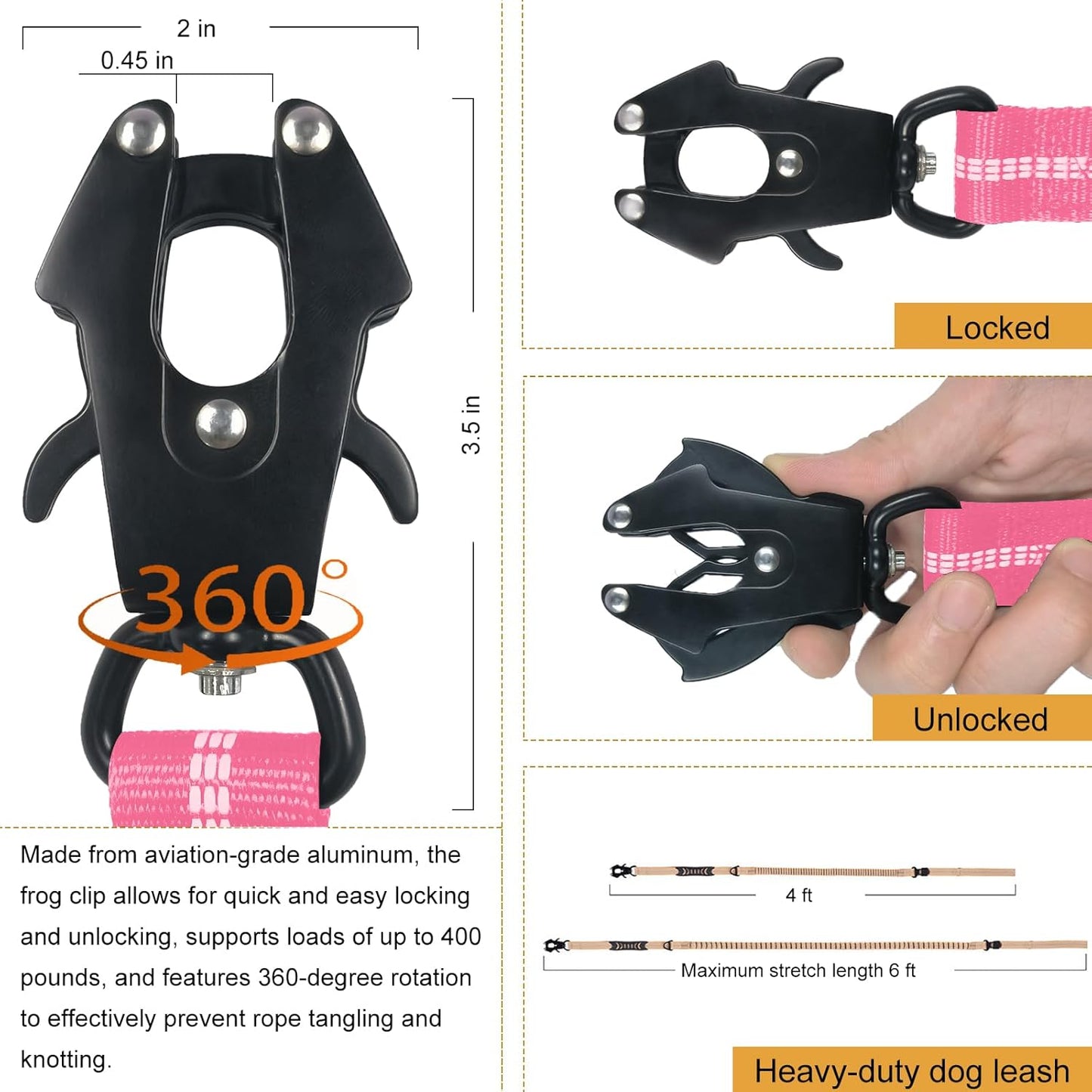 Tactical Bungee Dog Leash | Pink | Seatbelt Clip