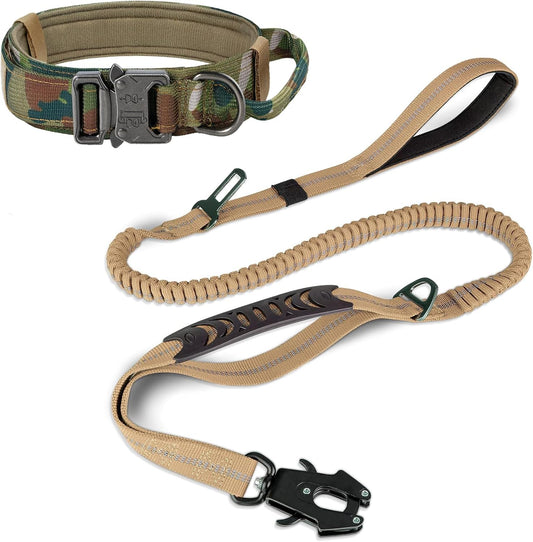 Tactical Dog Collar & Leash Set | Shock Absorbing Bungee | Camo