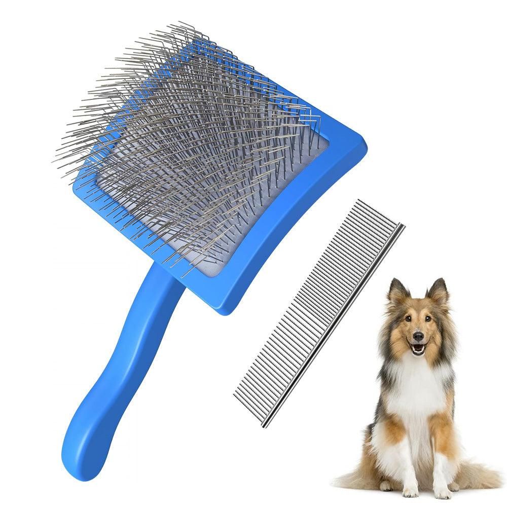 2-Piece Dog Slicker Brush & Comb Set for Grooming & Detangling Blue
