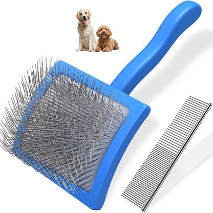 2-Piece Dog Slicker Brush & Comb Set for Grooming & Detangling Blue