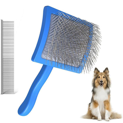 2-Piece Dog Slicker Brush & Comb Set for Grooming & Detangling Blue