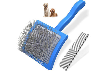 2-Piece Dog Slicker Brush & Comb Set for Grooming & Detangling Blue