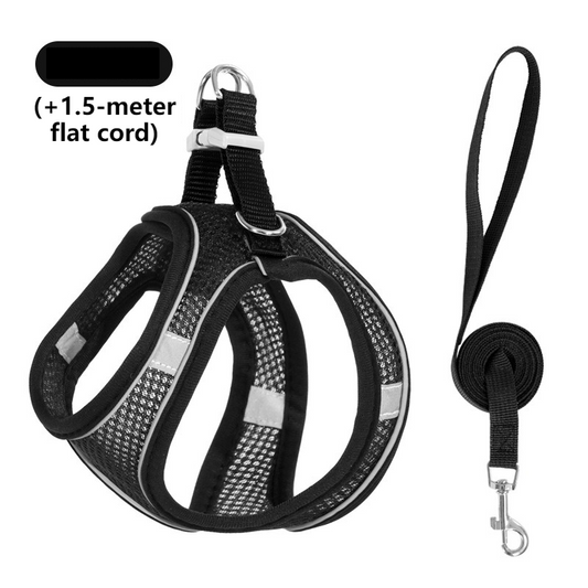Breathable Reflective Pet Harness Set: Vest-Style Dog Harness + Leash | Black-S