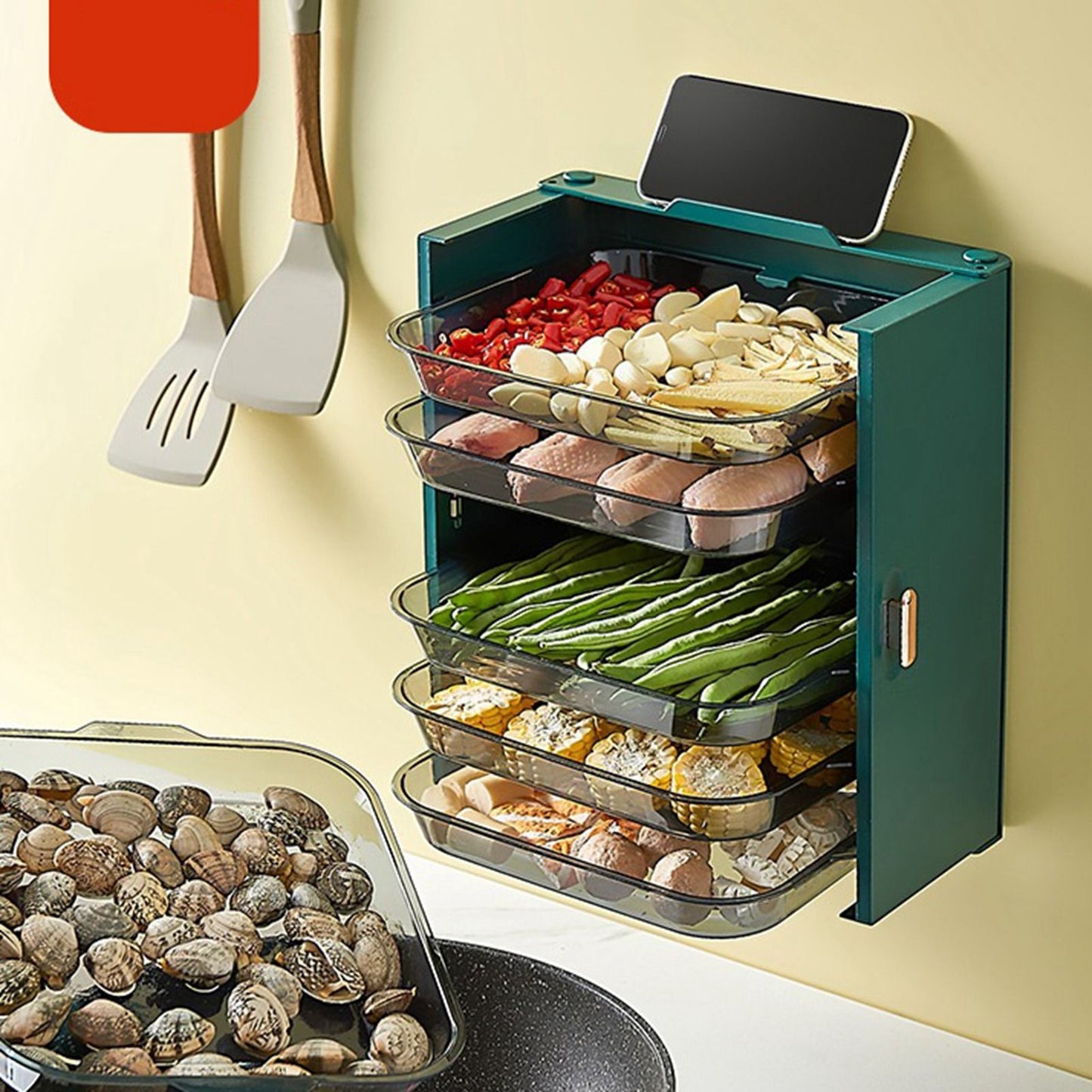 Kitchen Side Dishes Punch Free Foldable PET 6 Layers Wall Mounted | Green