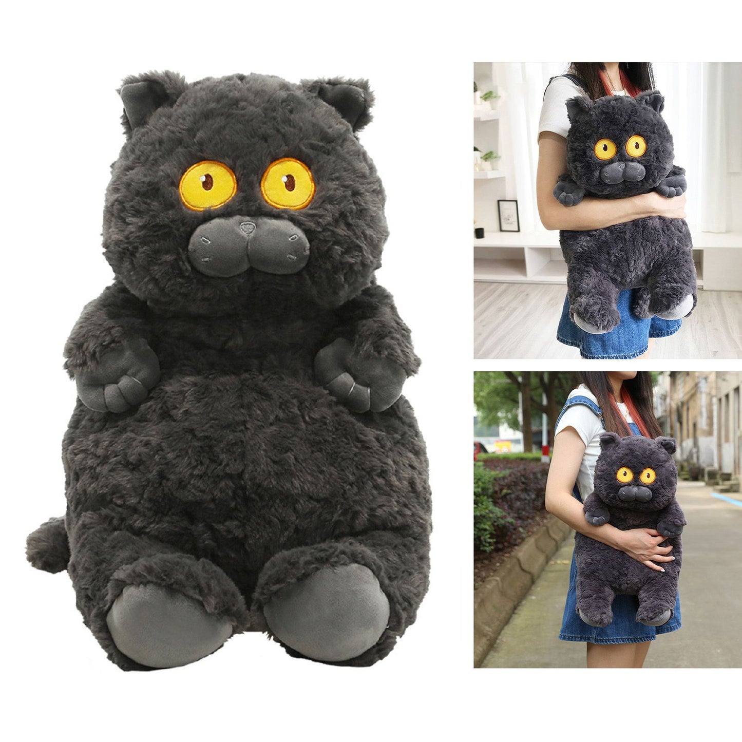 Cat Plush Toy Cute Soft Skin Friendly Fluffy Staring Short Plush Cat | Black