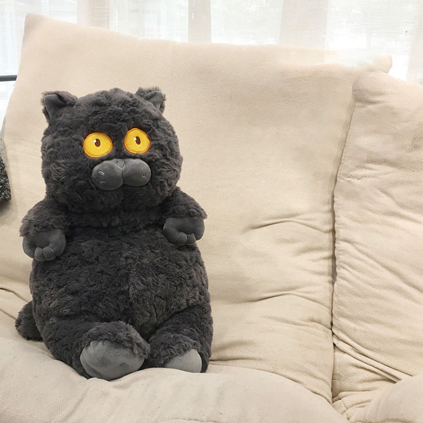Cat Plush Toy Cute Soft Skin Friendly Fluffy Staring Short Plush Cat | Black