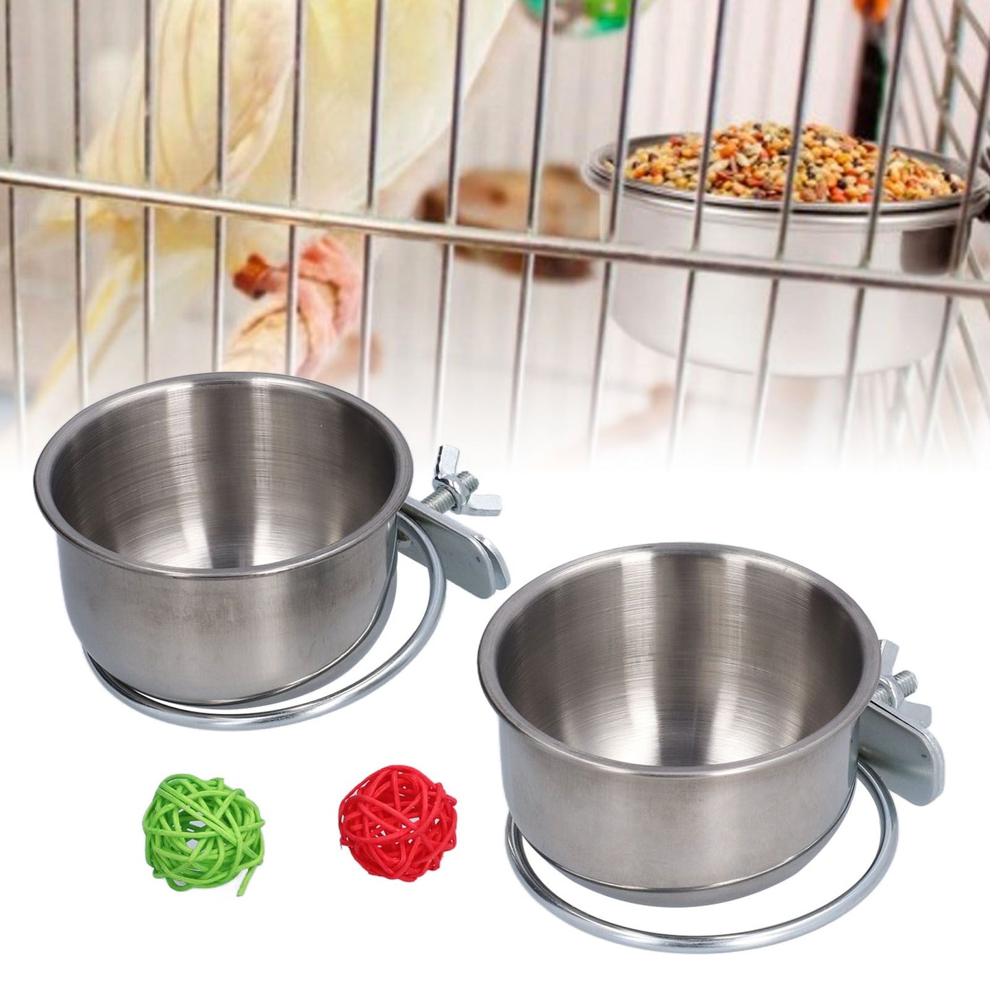 Stainless Steel Parrot Feeding Bowl with Rattan Ball for Hamster Small