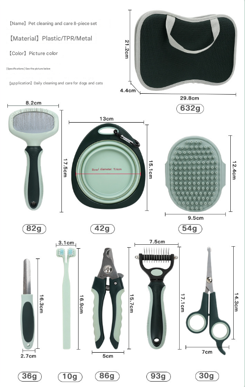 Grey & Green 8-Piece Pet Grooming Kit