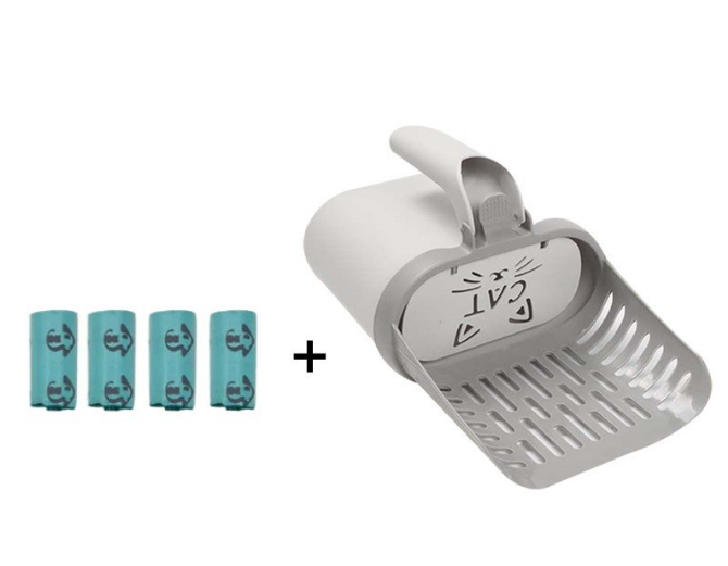 Grey 2-in-1 Cat Litter Scoop with Integrated Waste Bin | Detachable Kit | Bags