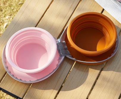 Brown-Pink Collapsible Silicone Travel Pet Bowls | Dogs & Cats