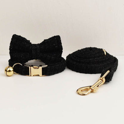 Black Elegant Tweed Pet Collar & Leash Set | Size L