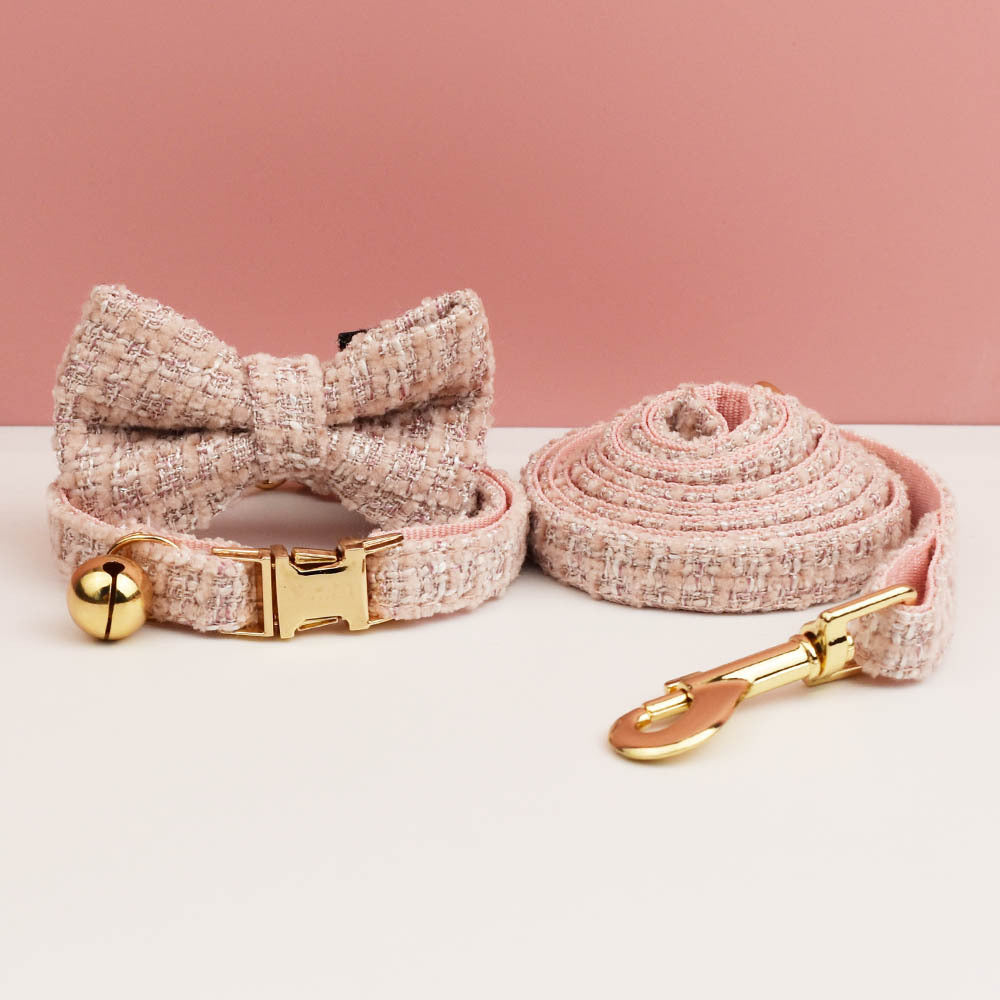 Pink Elegant Tweed Pet Collar & Leash Set | Size S