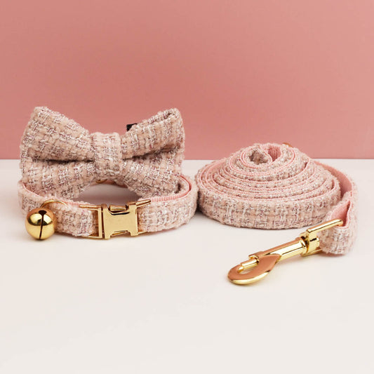Pink Elegant Tweed Pet Collar & Leash Set | Size S