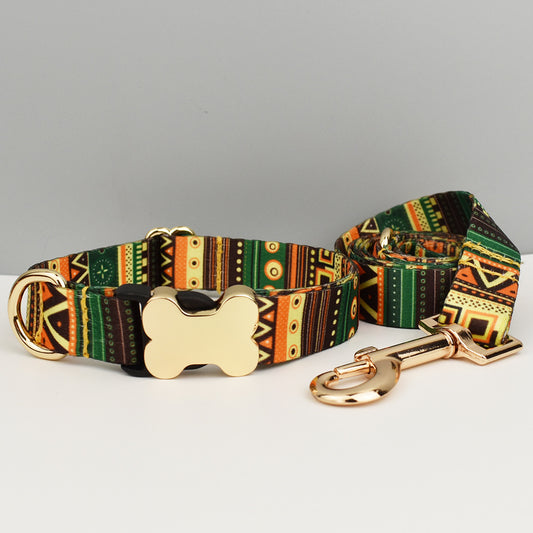 Green-Yellow Boho Dog Collar with Gold Metal Buckle | Size L