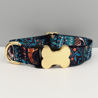 Blue Boho Dog Collar with Gold Metal Buckle | Size XL