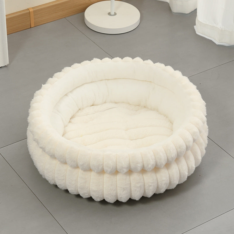 Plush Round Pet Bed with Removable Cushion | Medium | White | Cat