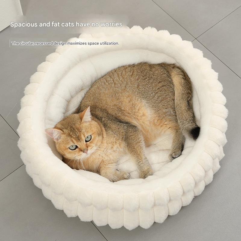 Plush Round Pet Bed with Removable Cushion | Medium | White | Cat