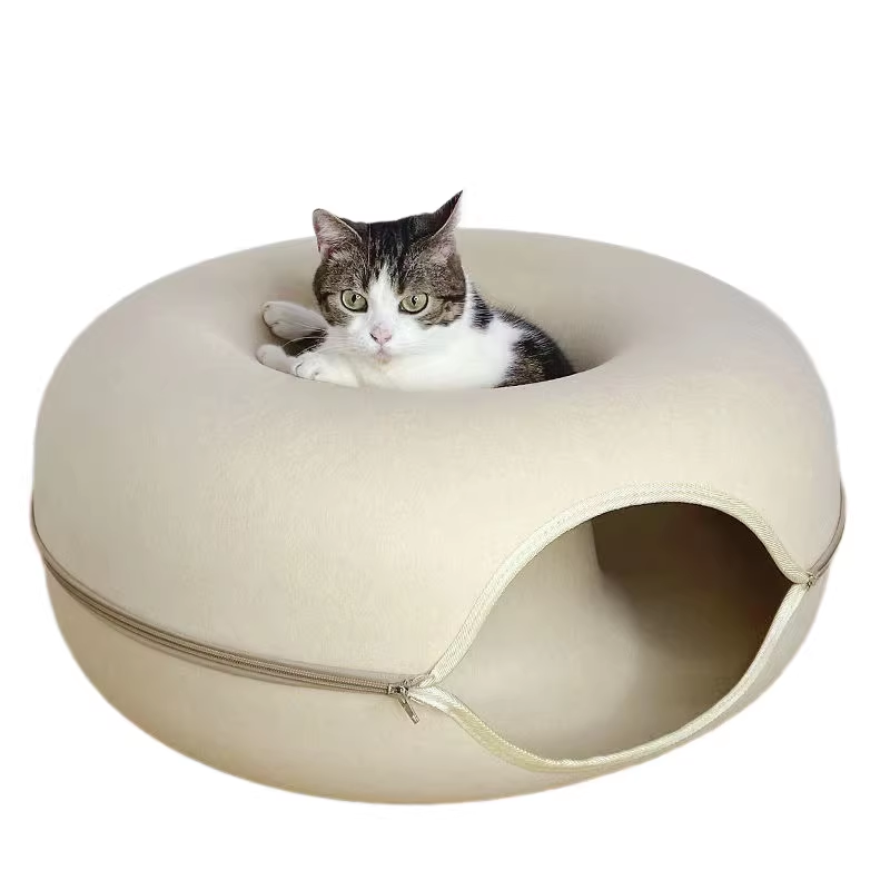 Felt Donut Cat Bed with Zipper Tunnel Toy | Beige