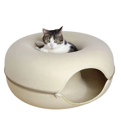 Felt Donut Cat Bed with Zipper Tunnel Toy | Beige
