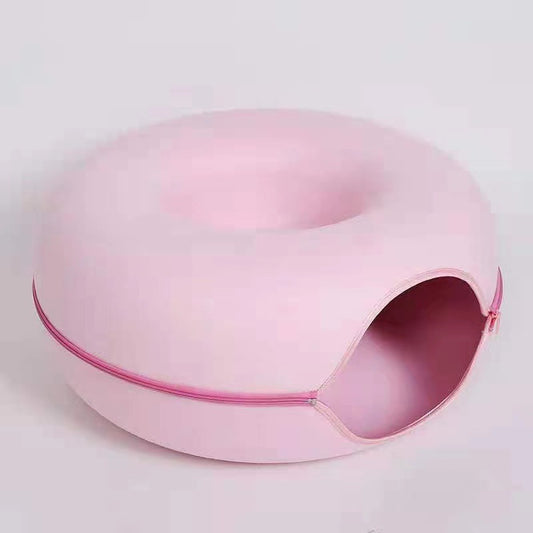 Felt Donut Cat Bed with Zipper Tunnel Toy | Pink