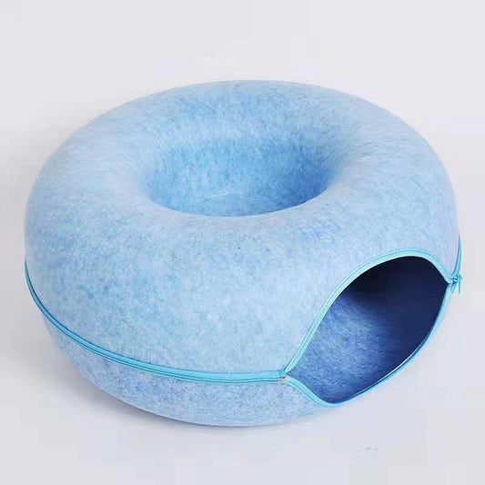 Felt Donut Cat Bed with Zipper Tunnel Toy | Sky Blue