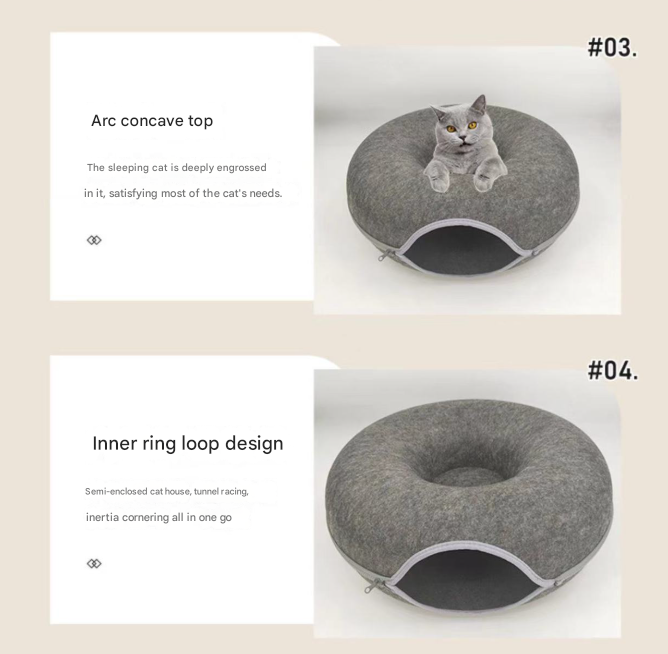 Felt Donut Cat Bed with Zipper Tunnel Toy | Sky Blue