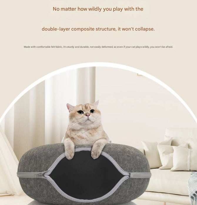 Felt Donut Cat Bed with Zipper Tunnel Toy | Sky Blue