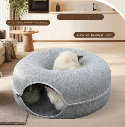 Felt Donut Cat Bed with Zipper Tunnel Toy | Sky Blue